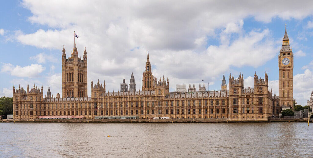 Palace of Westminster, Big Ben, and Westminster Bridge as seen from the south bank of the River Thames.